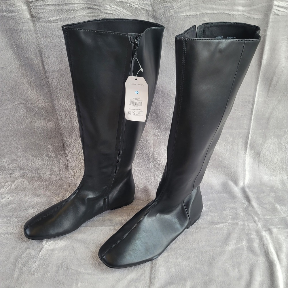 Equestrian Black Flat Tall Boot Square Toe Memory Foam Dark Academia Size 10